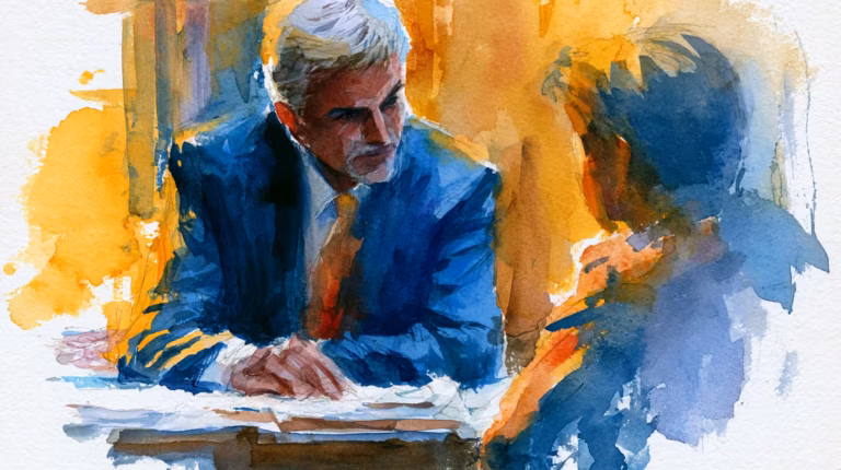watercolor businessmen discussing across table in warm amber light