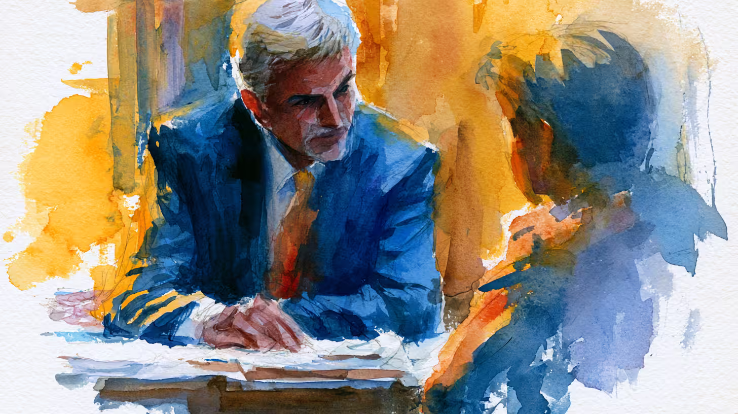 watercolor businessmen discussing across table in warm amber light