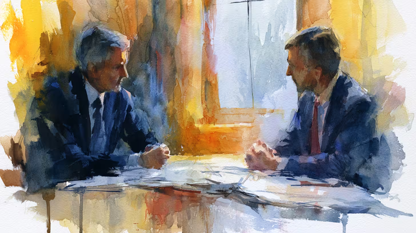 watercolor businessmen discussing at table in warm window lighting mood