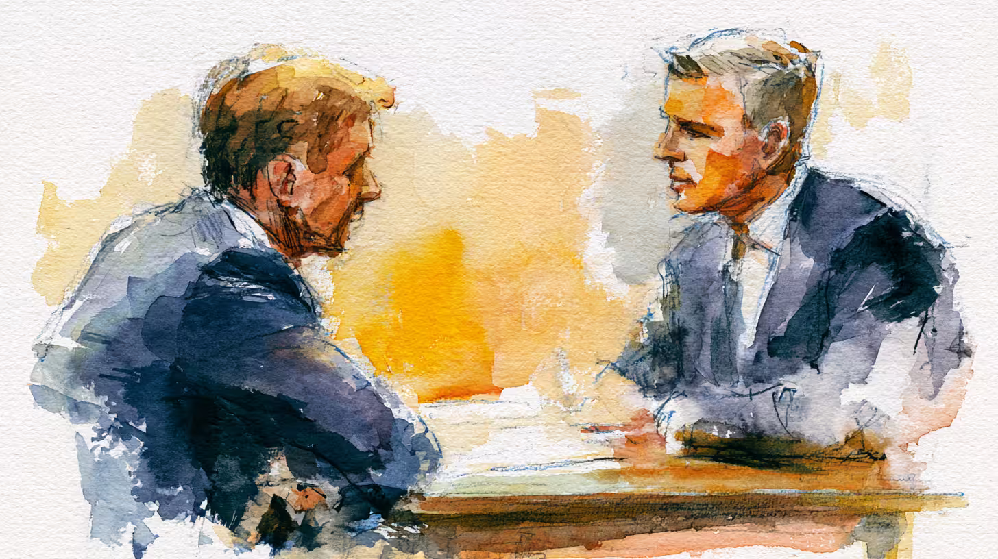 watercolor businessmen in tense negotiation warm light office scene
