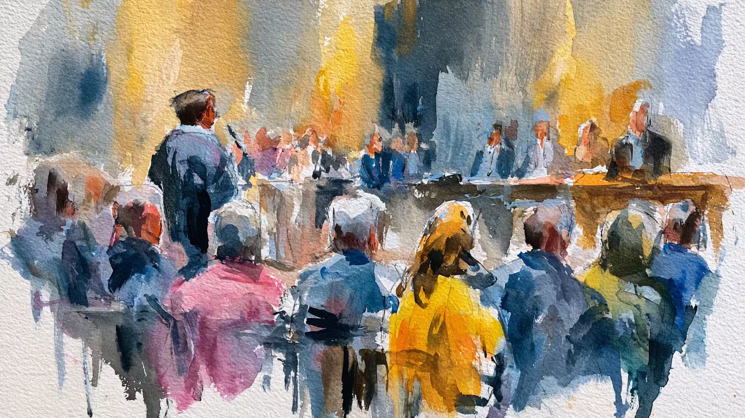 watercolor crowded meeting room with speaker warm diffused light mood