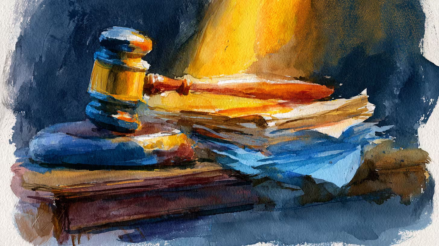watercolor gavel on law books in warm dramatic light