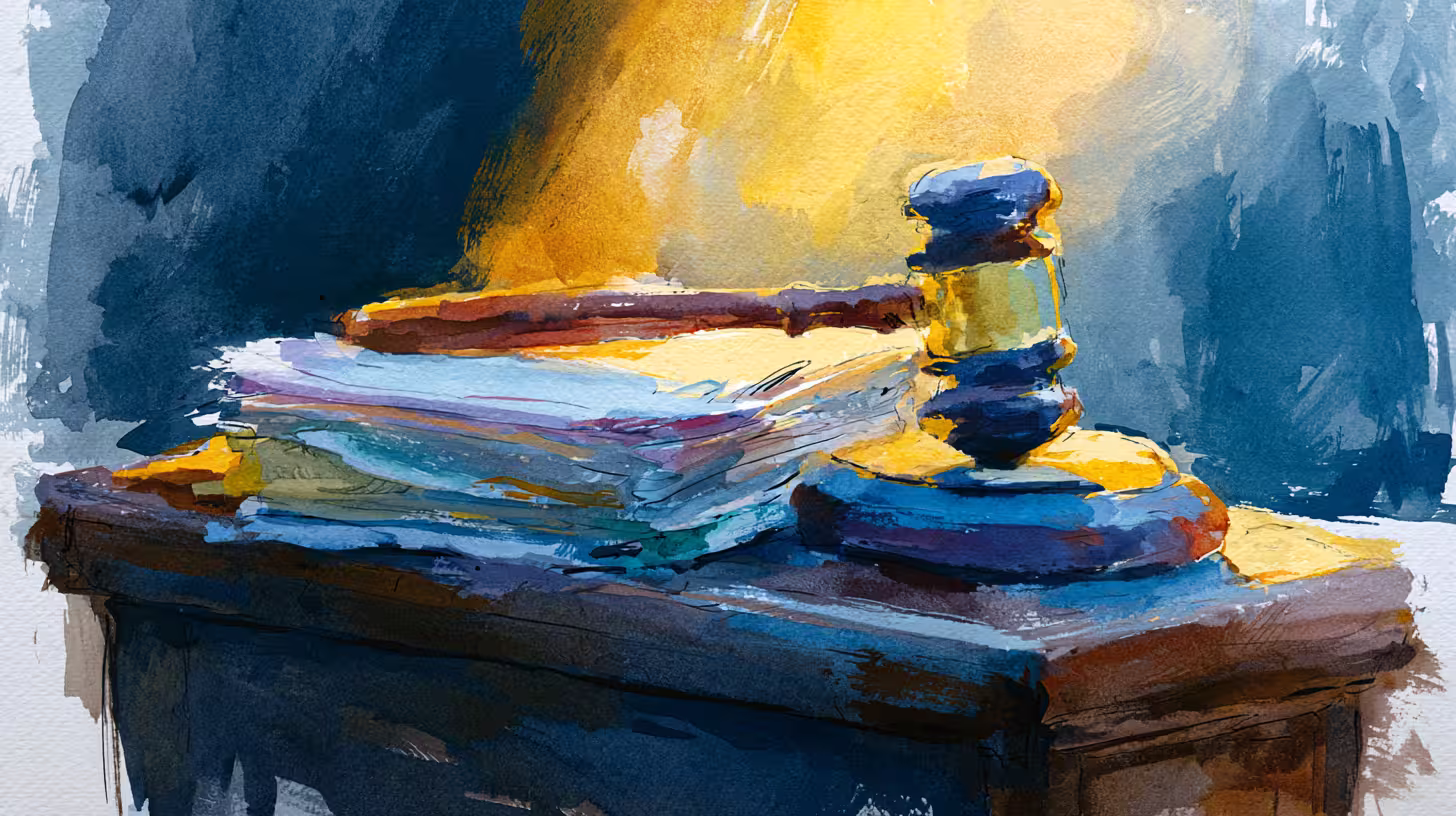 watercolor judge gavel on books in warm moody light