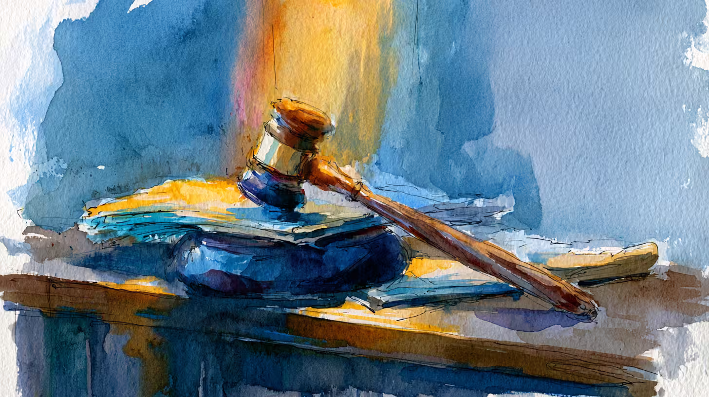 watercolor judge gavel on law books in dramatic lighting