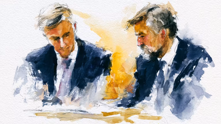 watercolor portrait of two businessmen in warm soft lighting