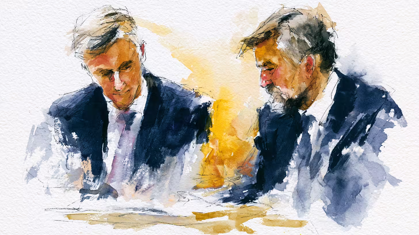 watercolor portrait of two businessmen in warm soft lighting