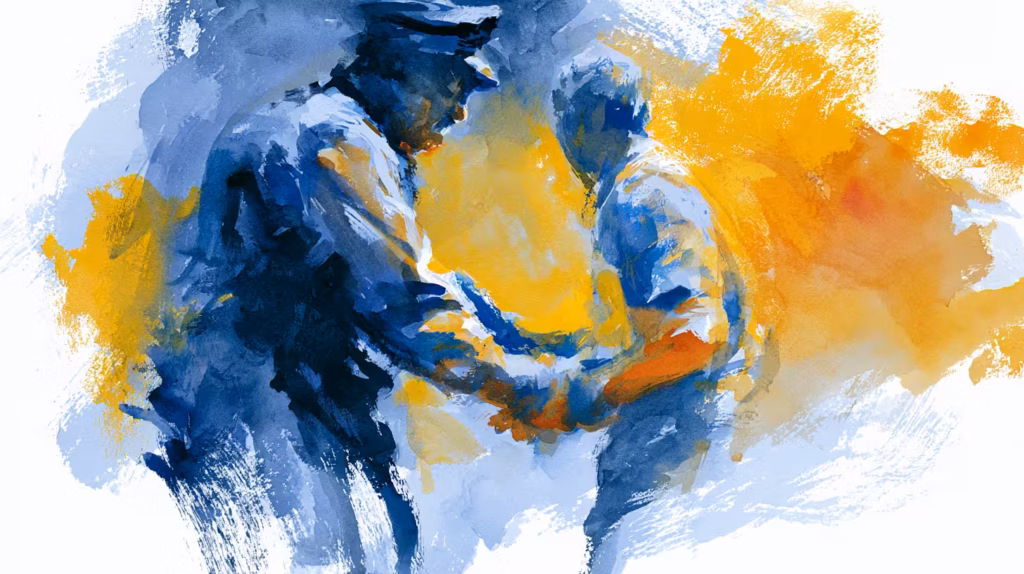 abstract couple embrace in warm sunlit watercolor mood