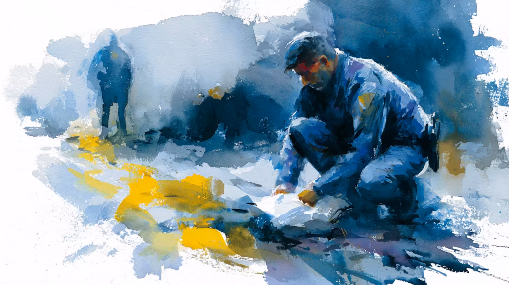 blue watercolor figure crouching on snowy ground in dim light