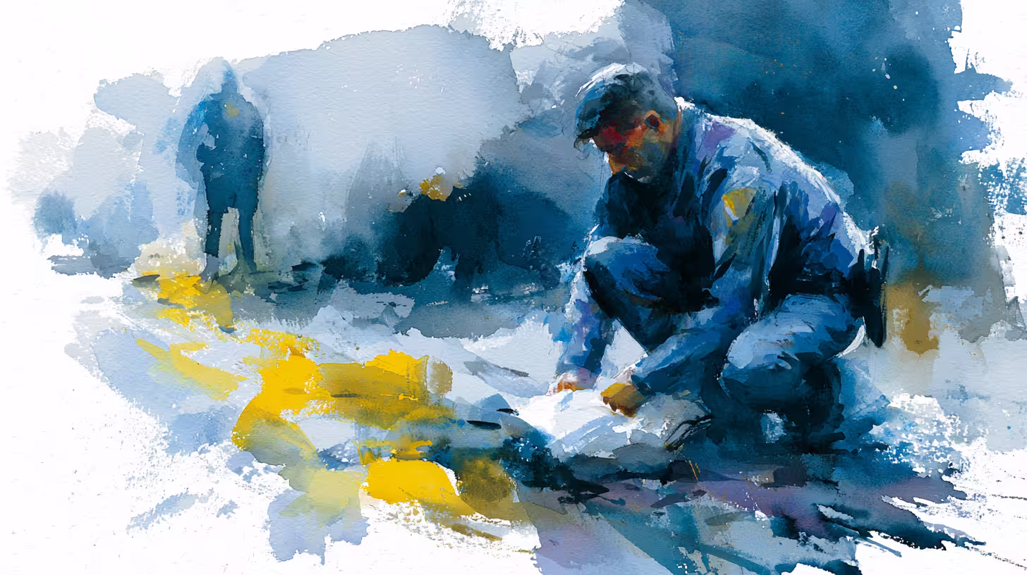 blue watercolor figure crouching on snowy ground in dim light
