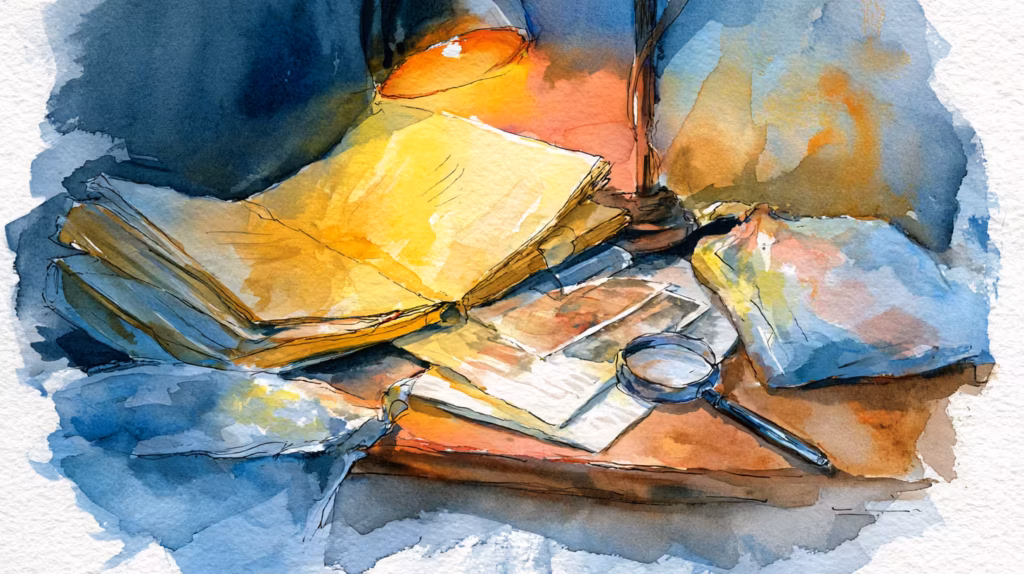 cozy lamplit desk with open book and magnifying glass