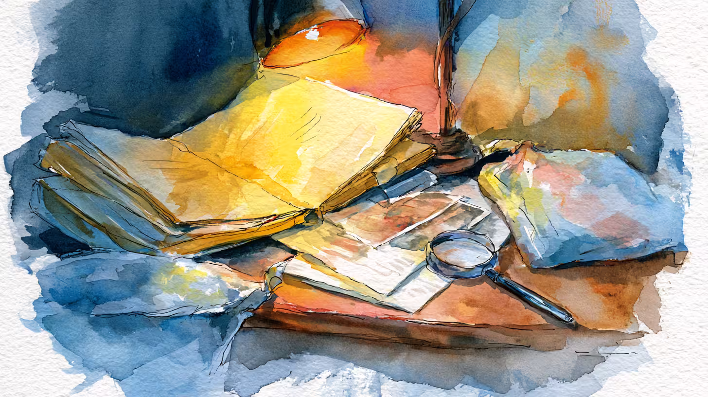 cozy lamplit desk with open book and magnifying glass