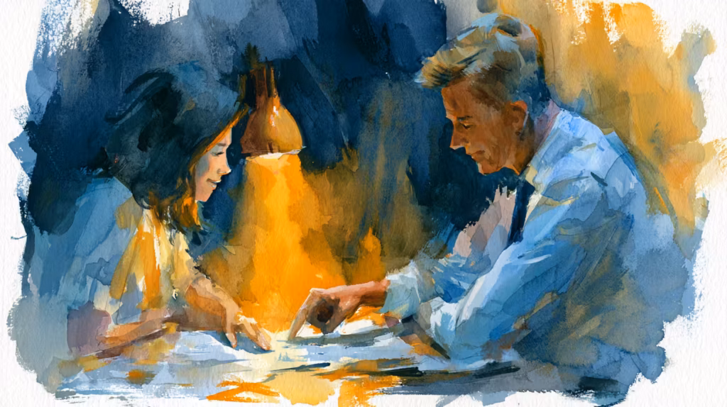 cozy watercolor couple dining by warm lamplight romantic evening