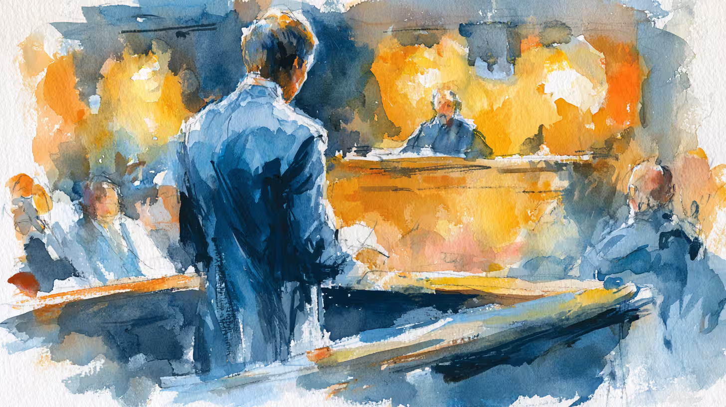 dramatic watercolor courtroom trial with warm light tense mood