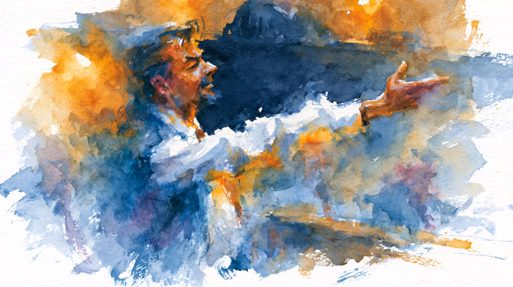 dramatic watercolor portrait man gesturing in warm light mood