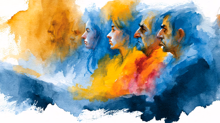 Lotus Appellate Law 5 four profile faces in abstract watercolor wash dreamy light
