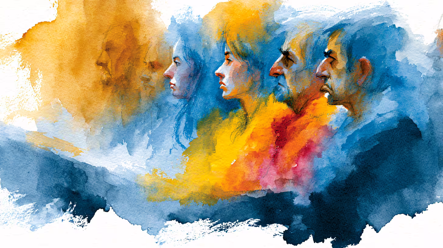 four profile faces in abstract watercolor wash dreamy light