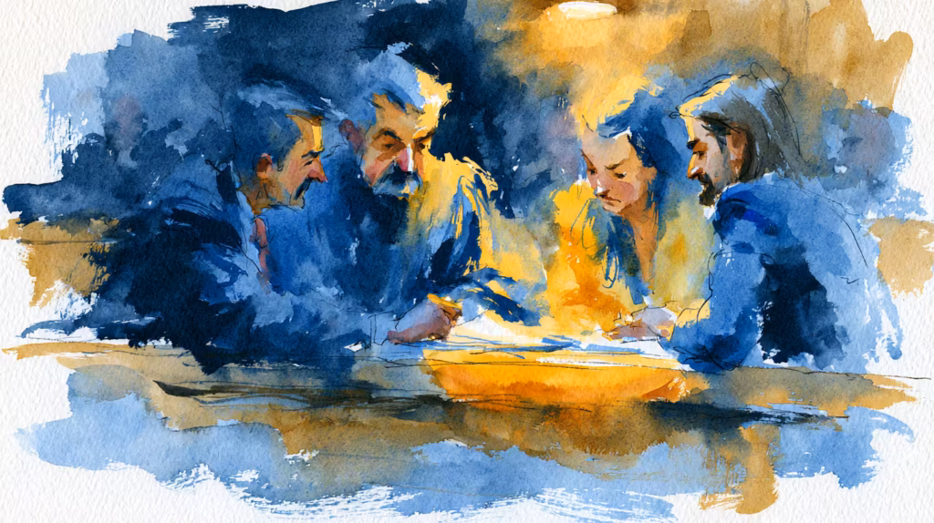 intense team meeting around table in warm moody light
