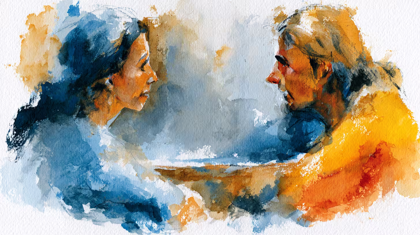 intense watercolor portrait of couple facing each other soft lighting