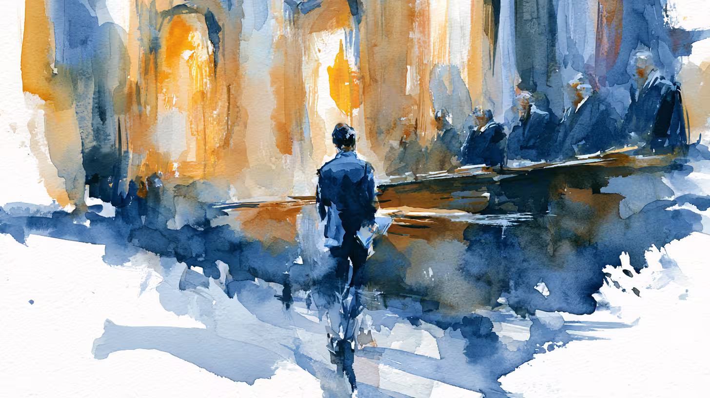lonely man walking through watercolor city glow moody twilight