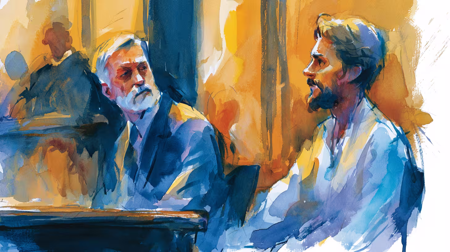 moody courtroom sketch of two men in warm light