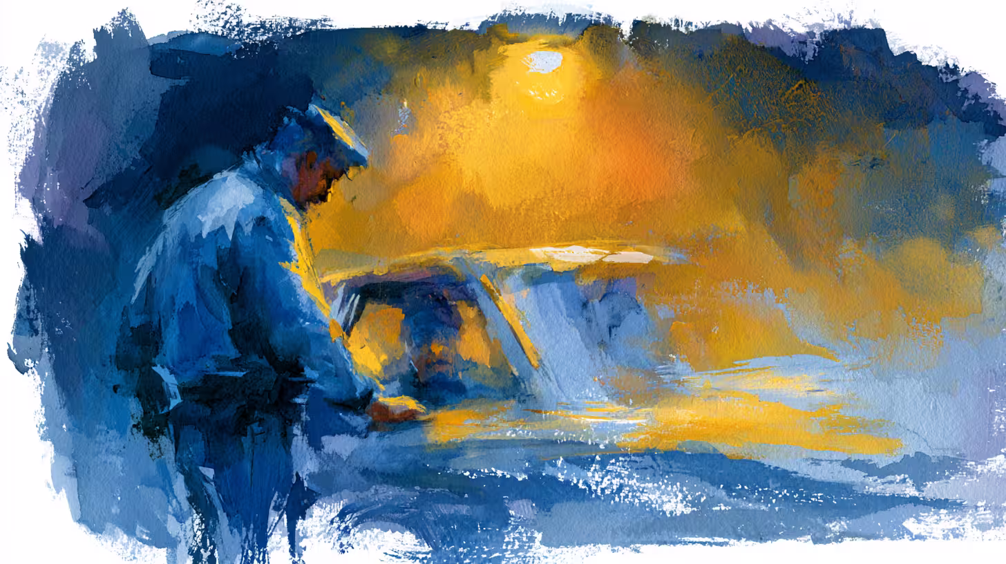 moody night washington watercolor man by car under streetlight