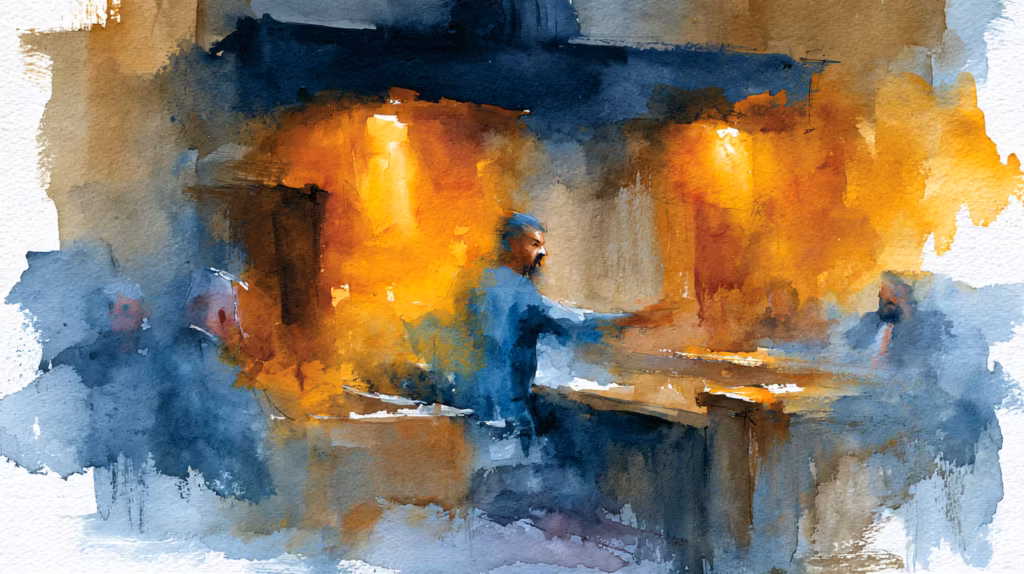 moody warm lit bar bartender serving drinks watercolor illustration