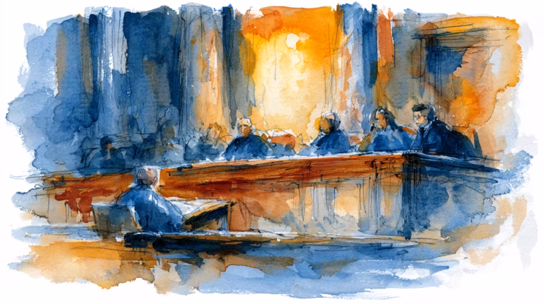 moody watercolor courtroom scene with warm light and shadows