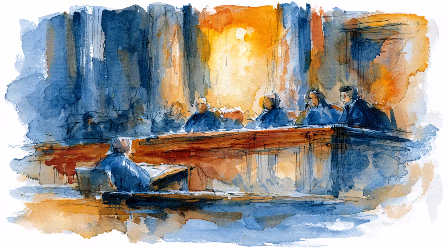 moody watercolor courtroom scene with warm light and shadows