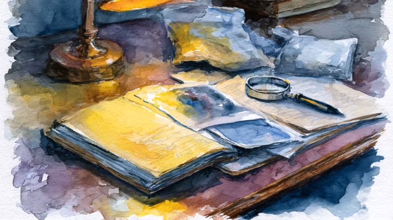 moody watercolor desk still life with books and magnifying glass