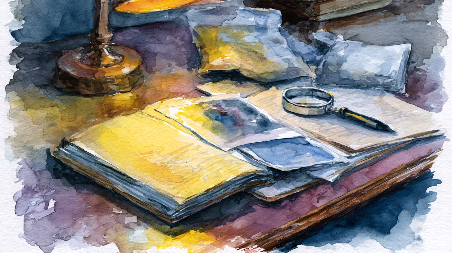 moody watercolor desk still life with books and magnifying glass
