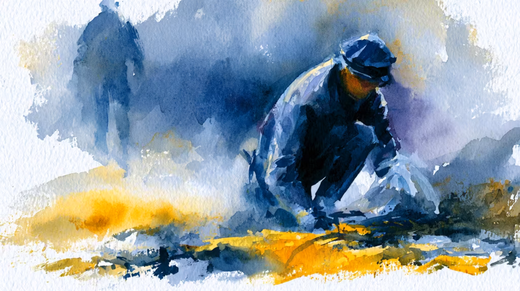 moody watercolor figure crouching in misty blue golden light