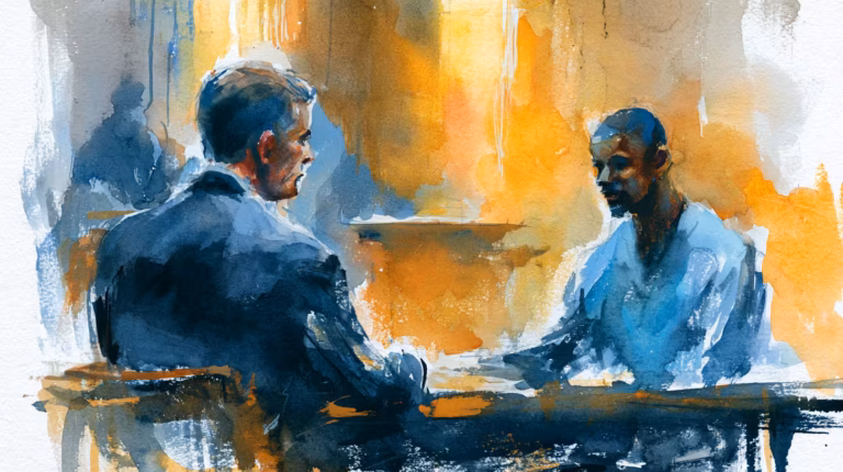 moody watercolor interrogation room two men under warm light