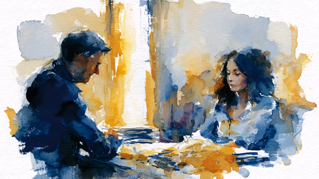pensive couple talking at table in warm watercolor lighting