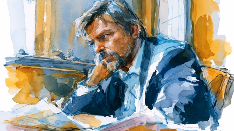pensive man at desk in warm windowlight watercolor mood