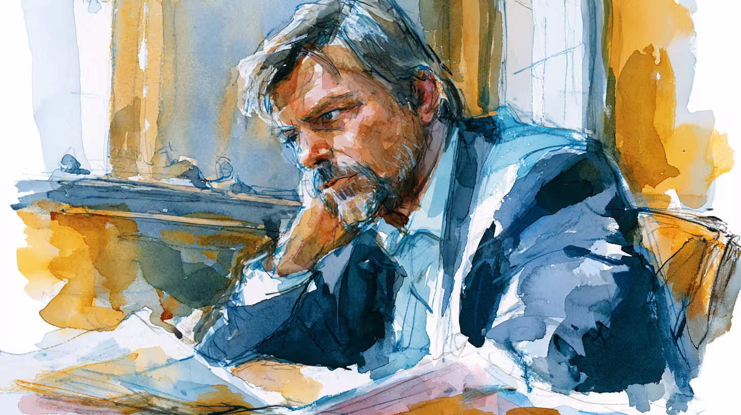 pensive man at desk in warm windowlight watercolor mood
