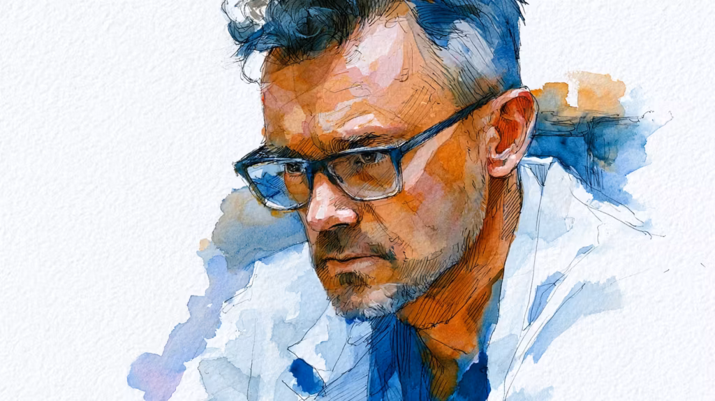 pensive man in glasses watercolor portrait soft daylight mood