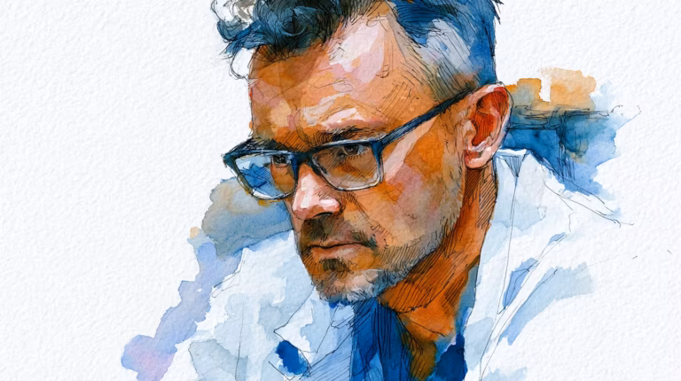 pensive man in glasses watercolor portrait soft daylight mood