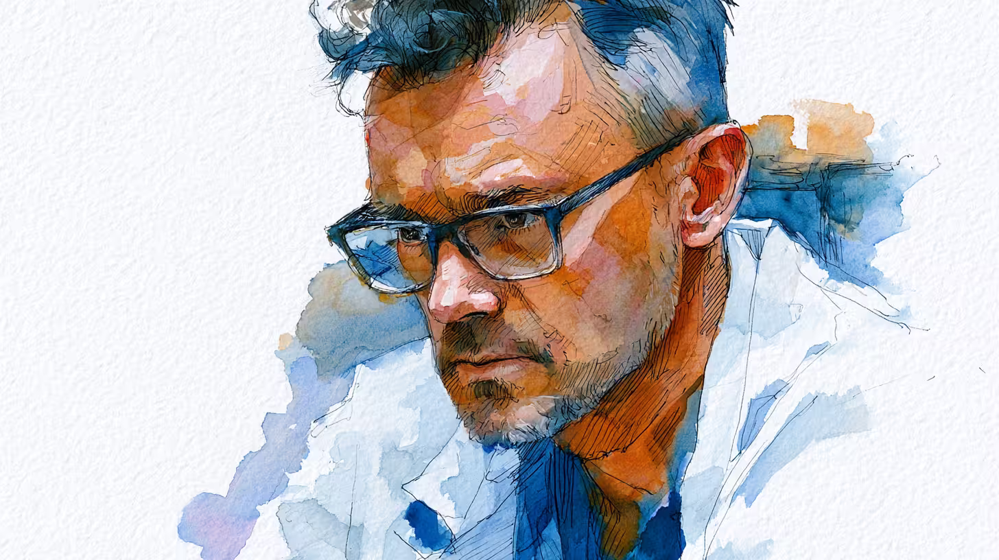 pensive man in glasses watercolor portrait soft daylight mood