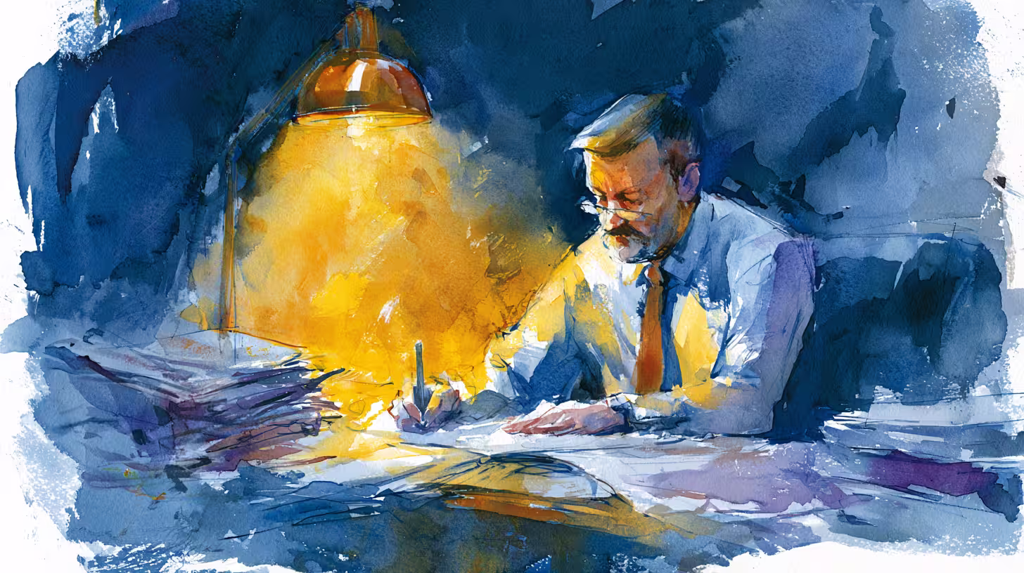 pensive man writing at desk under warm lamp light night