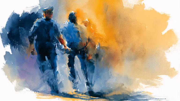 police officers walking through smoky street in warm glow