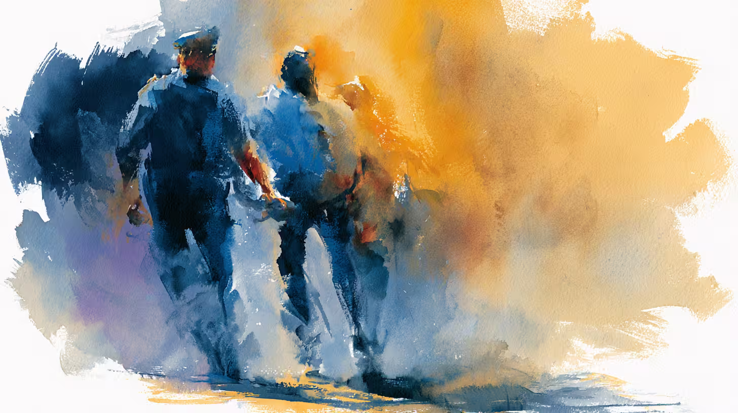 police officers walking through smoky street in warm glow