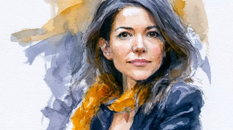 serene watercolor portrait woman in soft daylight with warm washes