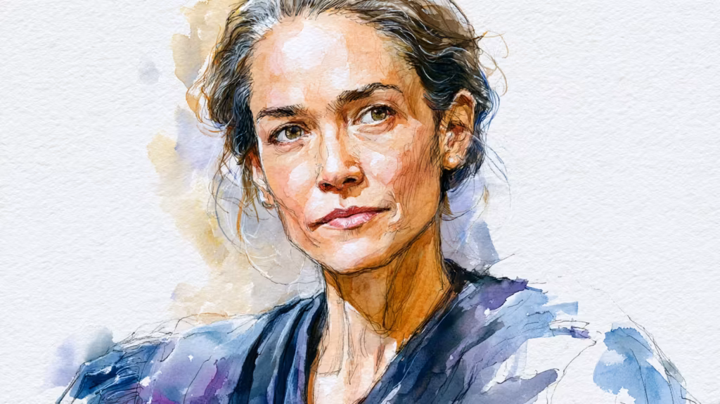 soft lit watercolor portrait of thoughtful woman on paper background