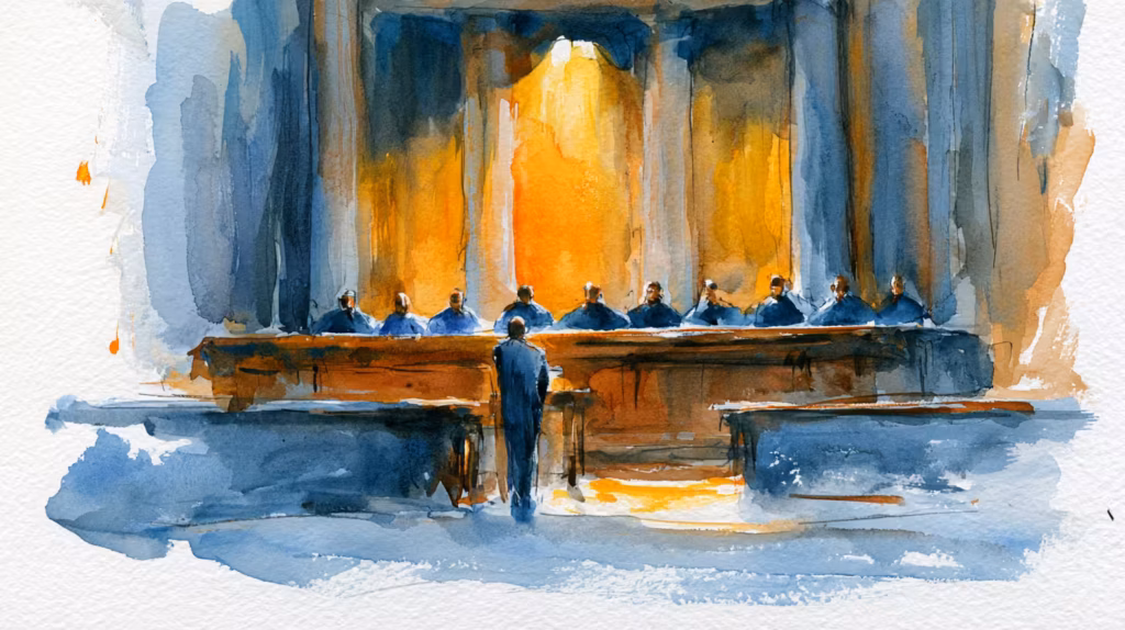 sole figure addressing judges in glowing courtroom watercolor mood