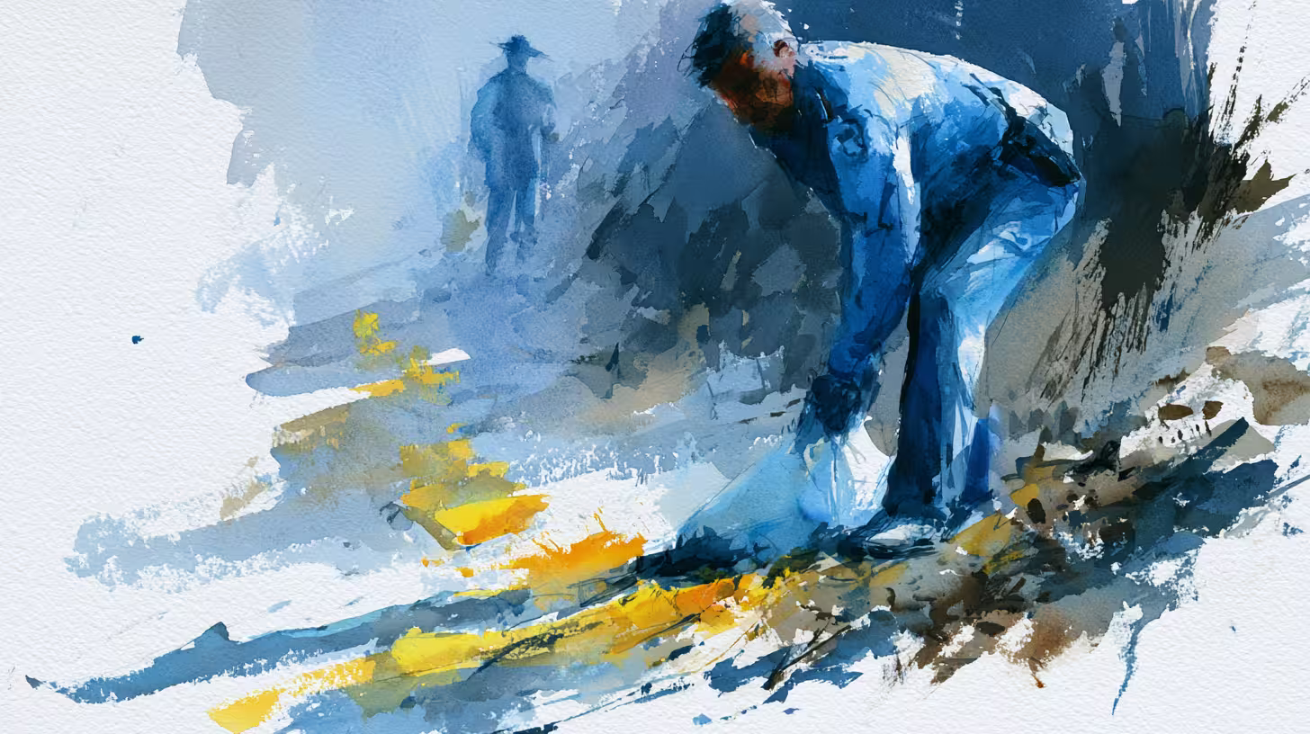 solitary figure in blue waterscape with soft melancholic light