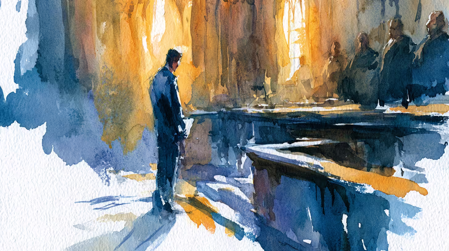 solitary man in shadowy courtroom warm light somber mood