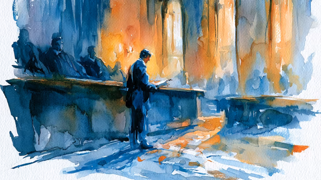 solitary man reading in sunlit cathedral watercolor serene mood