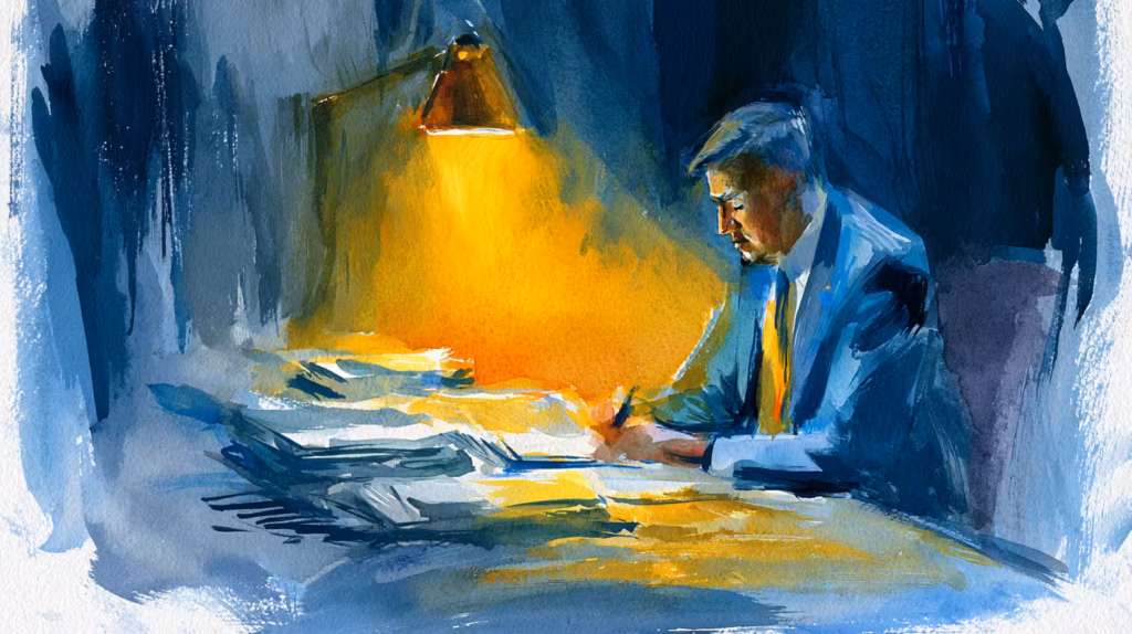 solitary man working late under warm desk lamp watercolor