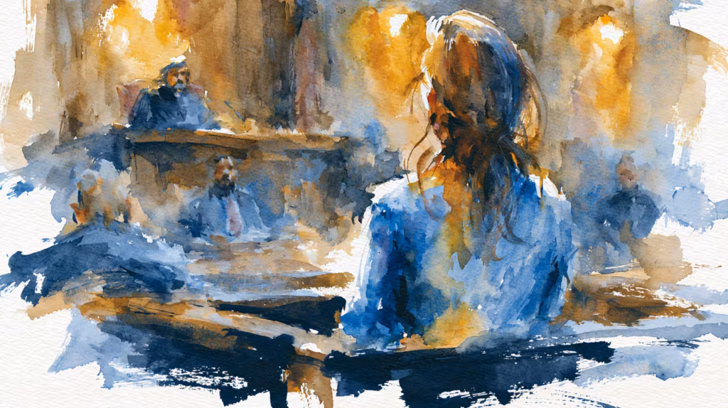solitary woman in sunlit cafe watercolor pensive mood