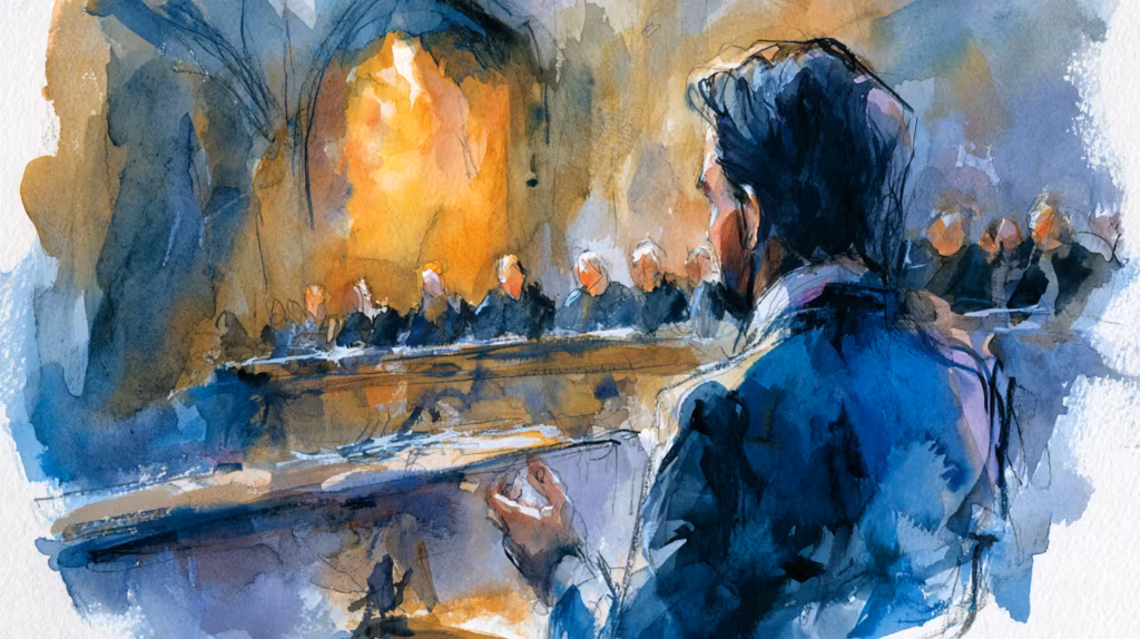 somber man addressing courtroom under warm dramatic light watercolor